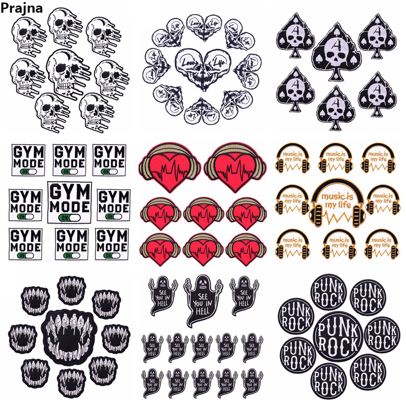 Streetwear Brand Stickers - แผ่นผ้าปักสไตล์ร็อค10ชิ้น/ล็อตแผ่นปะรูปหัวกะโหลกพังค์แผ่นปะติดสำหรับเสื้อผ้าแจ็กเก็ตเย็บปักอักษรแบบ DIY