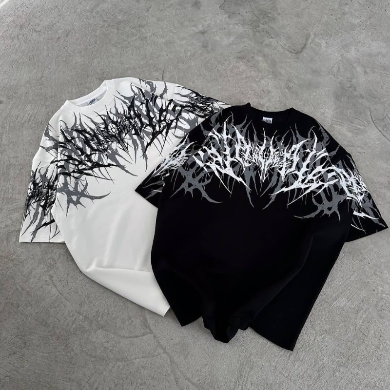Streetwear Brand Fonts - เสื้อยืดโอเวอร์ไซส์ยูนิเซ็กส์แบรนด์ Y2K Goth Streetwear พิมพ์ลายตัวอักษรมetal Thorn