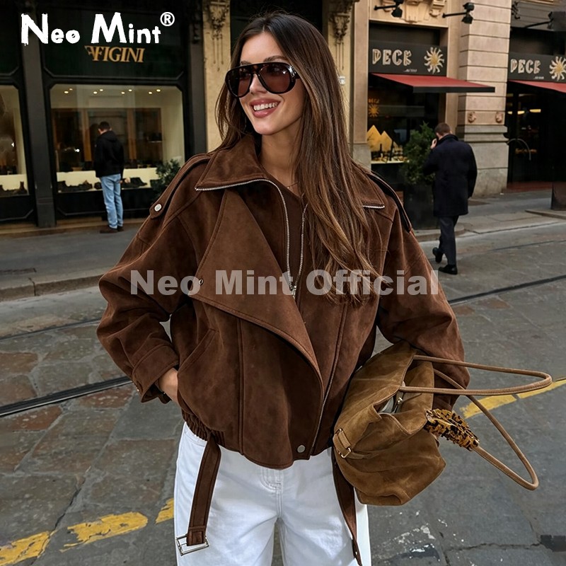 Streetwear Brand New - เสื้อแจ็คเก็ตหนังกลับสีน้ำตาลโอเวอร์ไซส์ รุ่น Neo Mint Autumn สำหรับผู้หญิง