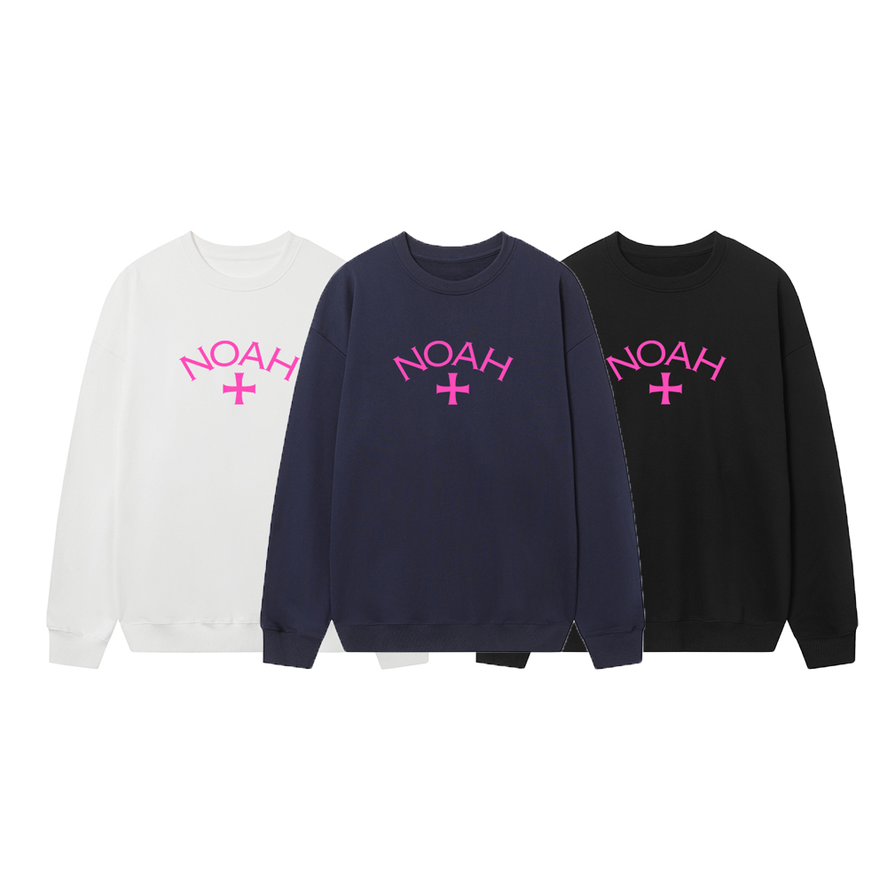 Streetwear Brand Noah - โนอาห์ พิมพ์ลายกากบาทสีชมพูเสื้อสเวตเตอร์คอกลมผ้าฝ้ายลำลองหลวมๆ สำหรับทุกเพศฤดูใบไม้ร่วงฤดูหนาวแฟชั่นแบรนด์สตรีทแวร์สไตล์แขนยาว