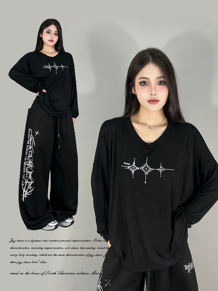 Streetwear Brand Logos - เสื้อยืดแขนยาวทรงหลวมสไตล์แจ๊สแดนซ์สตรีทแวร์สำหรับผู้หญิง เซ็กซี่ พิมพ์ลายโลโก้ ไซส์ใหญ่ สำหรับต้นฤดูใบไม้ร่วง แบรนด์