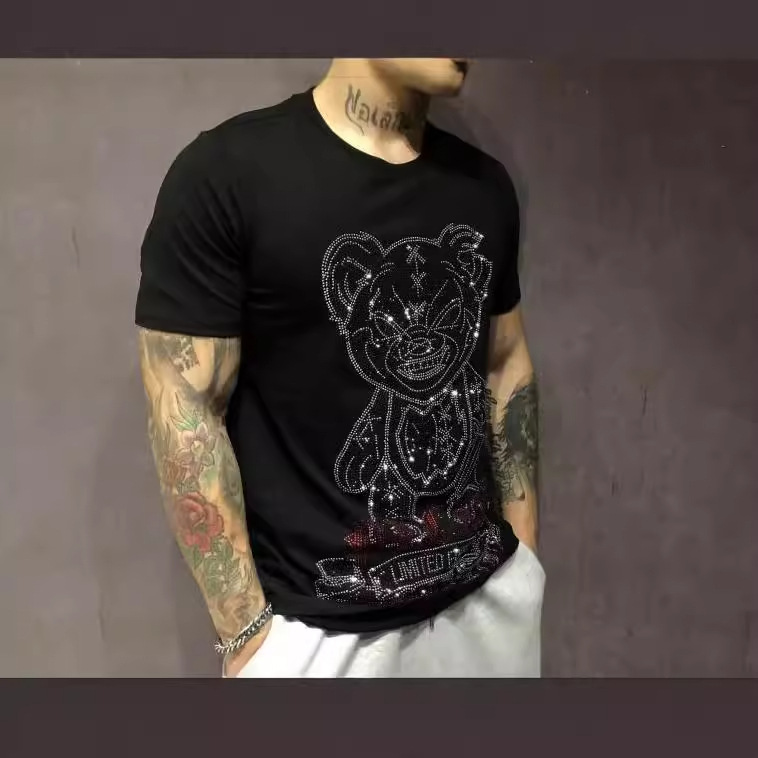 Streetwear Brand New - 2025 ใหม่แขนสั้นเสื้อTผู้ชายแบรนด์เสื้อผ้าการ์ตูนหมีRhinestonesแฟชั่นMan Streetwear OคอSlimเสื้อPlusขนาด